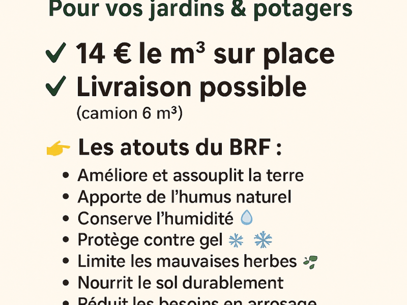 Vends copeaux de bois BRF pour plantations et jardins 14 €le m3 sur place possibilité livraison